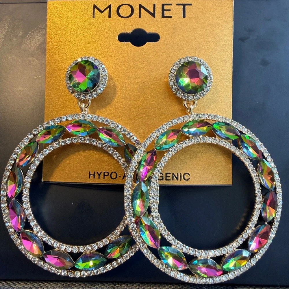 Vintage Y2K‎ Monet Rainbow Crystal Statement Earrings Gold Tone Sample